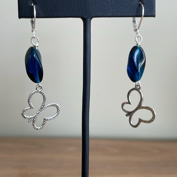 HAND CRAFTED BUTTERFLY EARRINGS, Blue and Silver - Picture 5 of 12